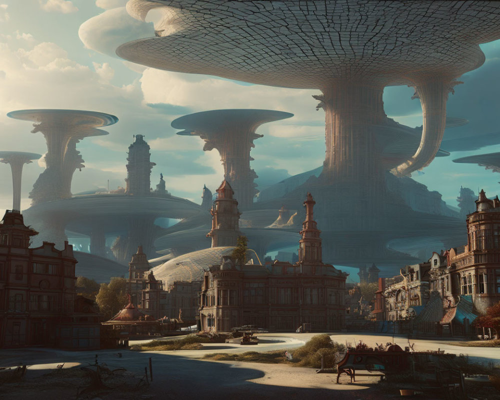 Victorian architecture meets mushroom megastructures in a futuristic cityscape