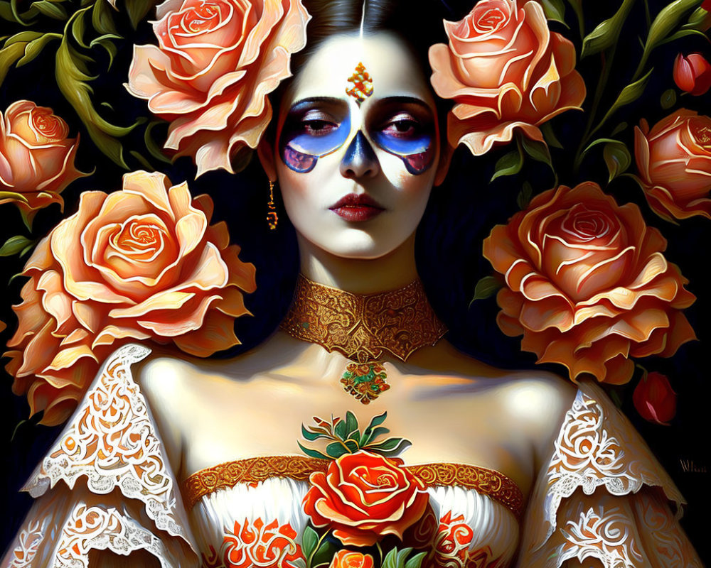Digital Artwork: Woman with Rose Motifs and Ornate Choker