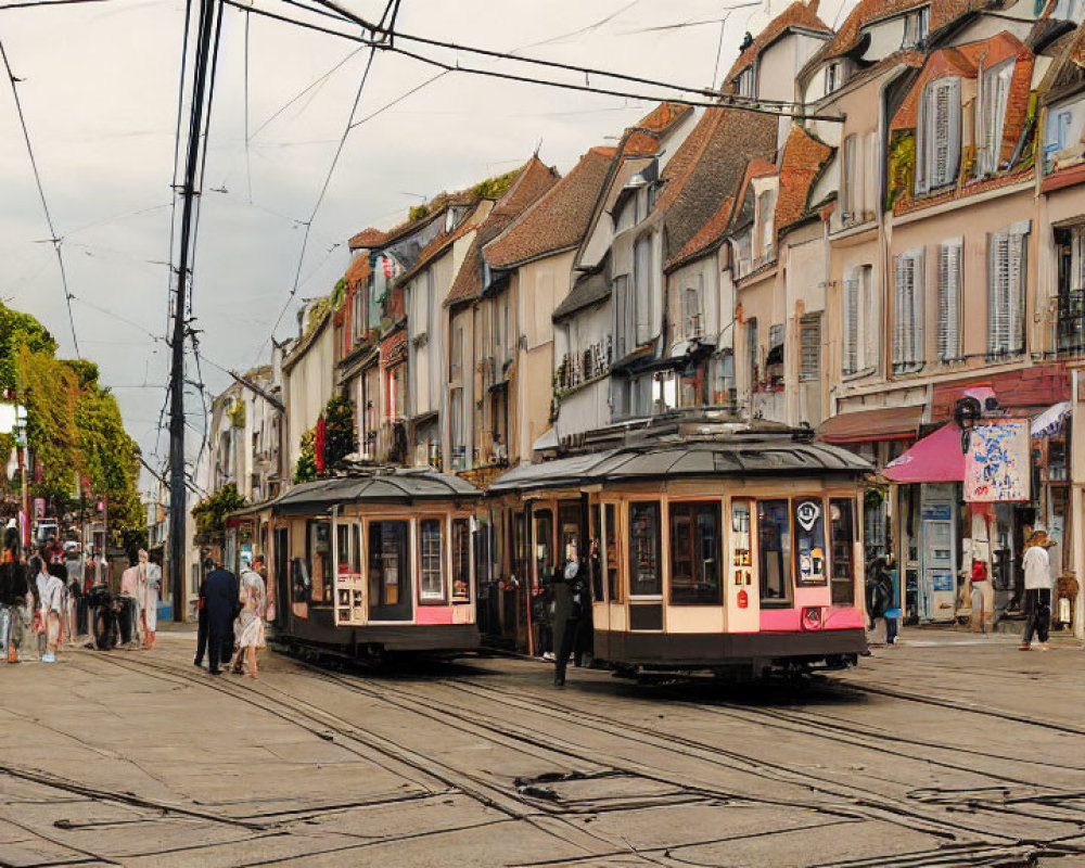 Intersection of two trams in vibrant city scene.