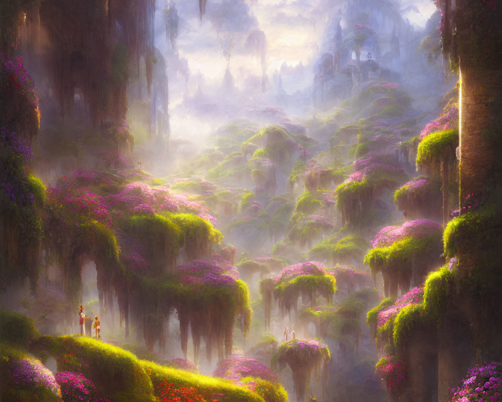 Lush Green Forest with Pink Flowers and Ethereal Light