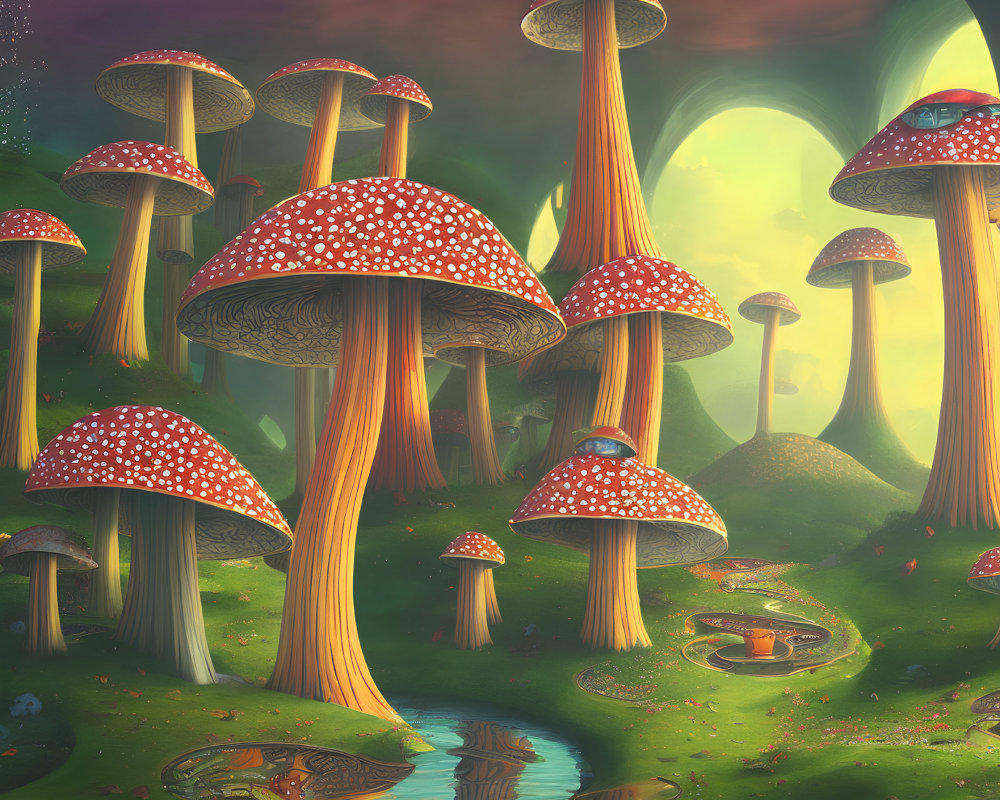 Enchanted forest with oversized red-capped mushrooms and surreal lighting