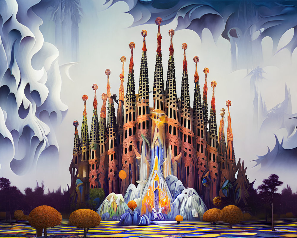 Colorful surreal artwork of Sagrada Família in ethereal setting
