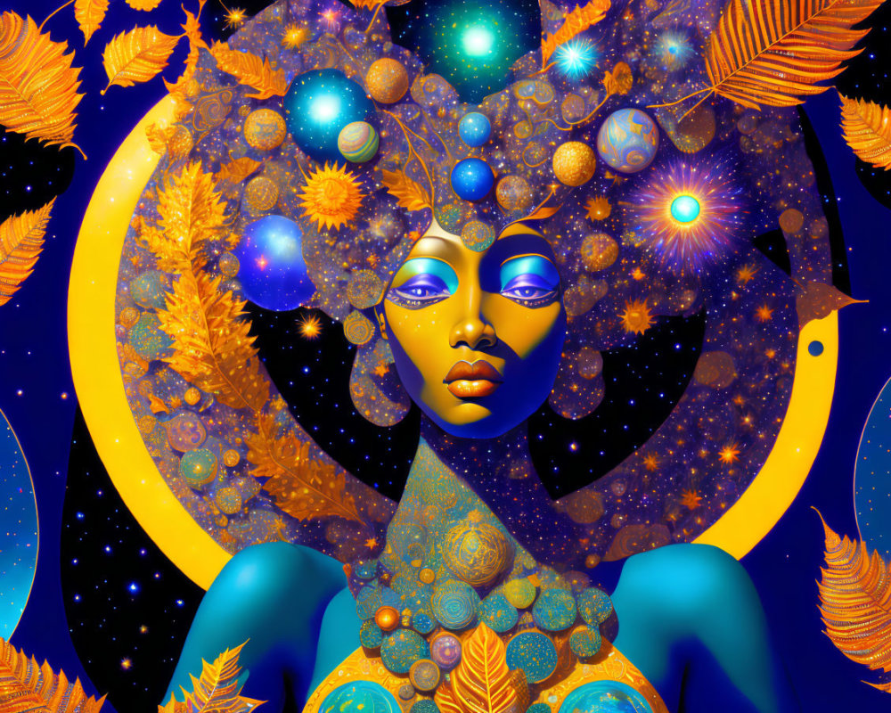 Vibrant cosmic female entity with celestial body and night sky backdrop
