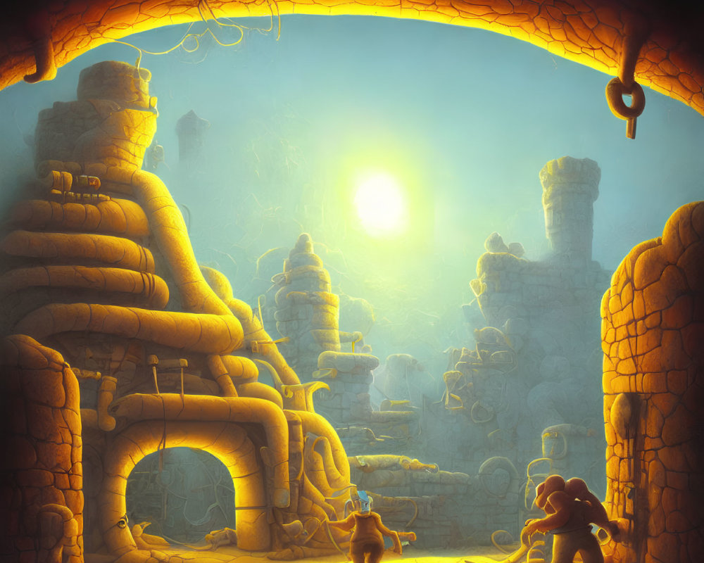 Luminescent cavern with beehive-like structures and figures in glowing atmosphere