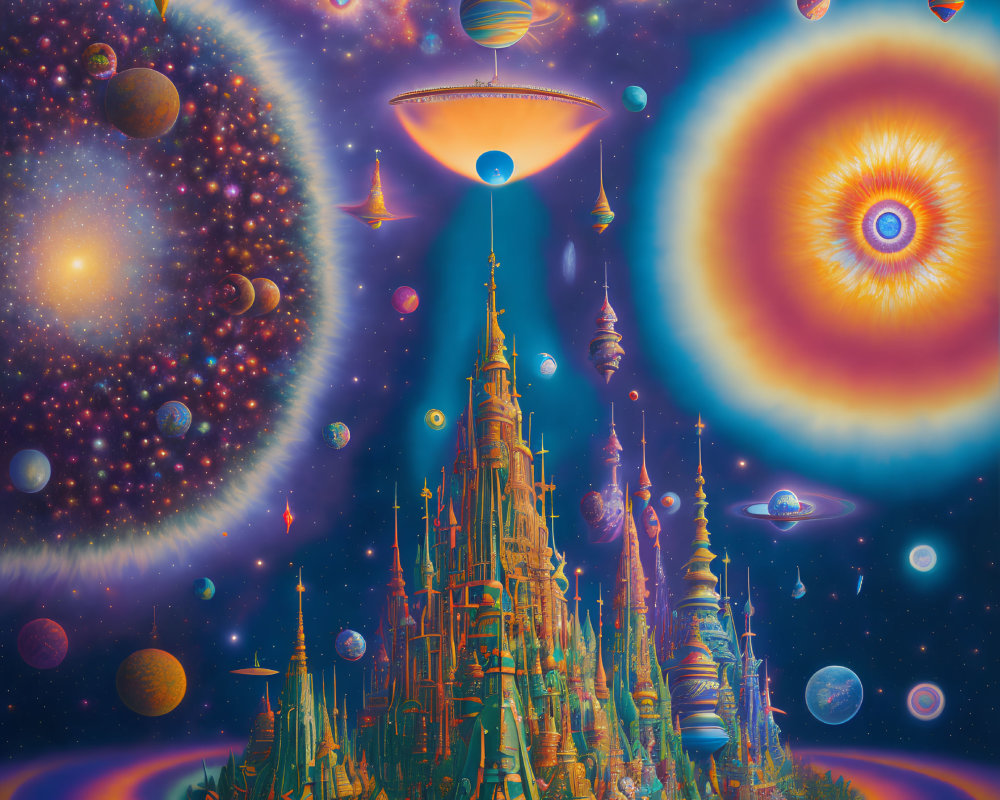 Colorful Psychedelic Sci-Fi Landscape with Celestial Bodies