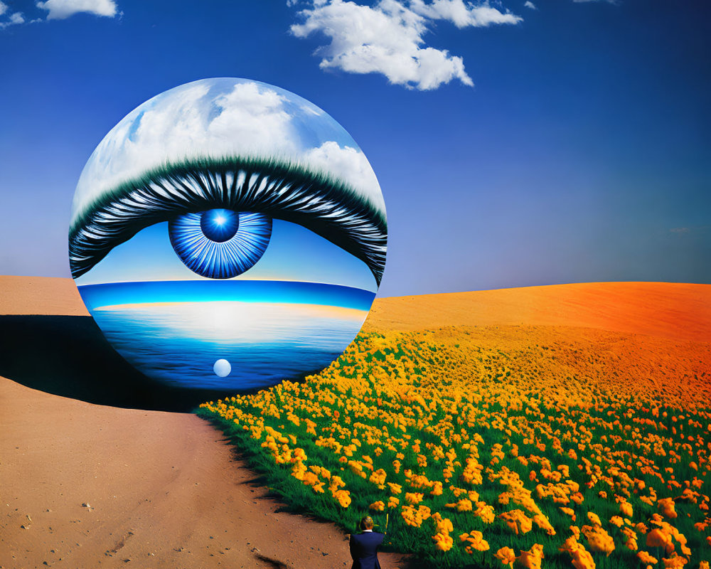 Person with umbrella in orange flower field near giant eye with seascape - surreal art.