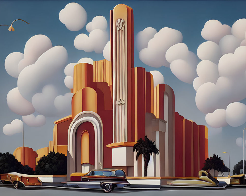 Art Deco theater painting with vintage cars under cloud-filled sky