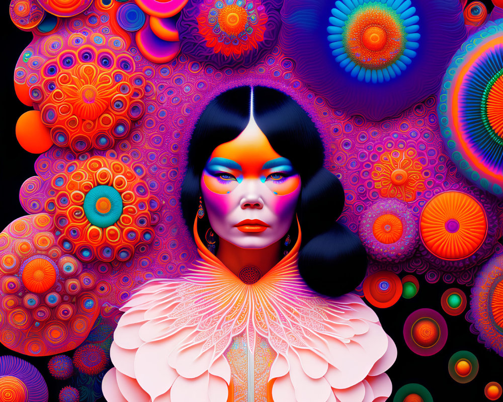 Colorful Psychedelic Woman Portrait with Floral Patterns