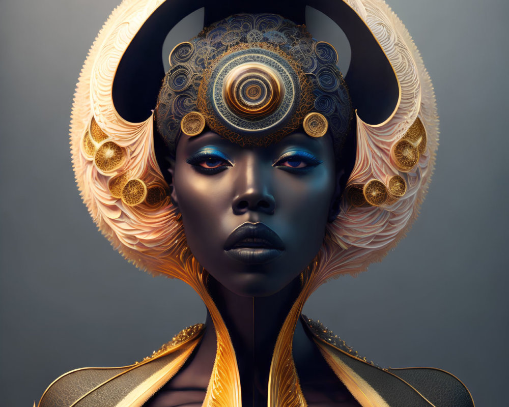 Blue-skinned female figure with ornate gold and black headdress and striking blue lips