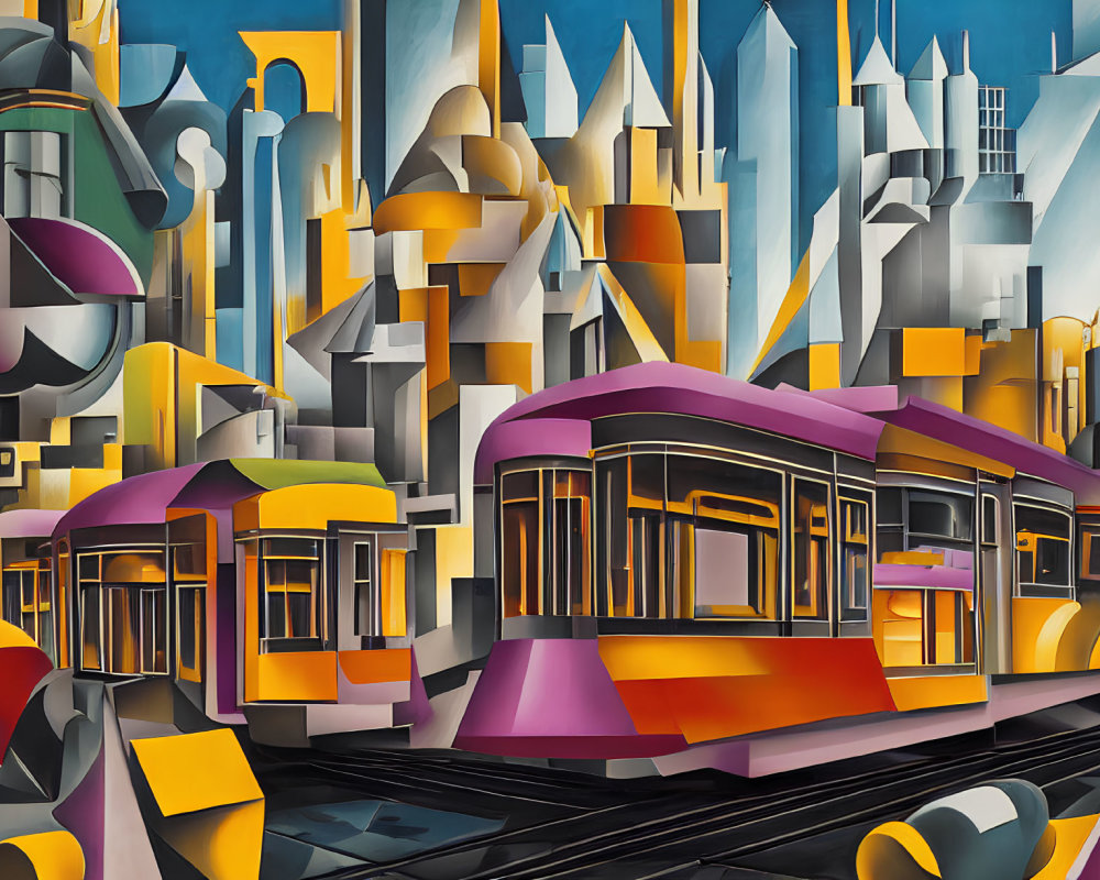 Vibrant Cubist painting of colorful streetcars and geometric city structures