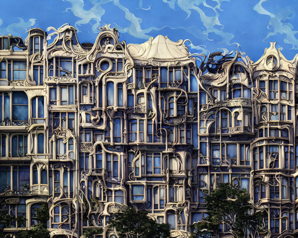 Surreal distorted building facade with ornate fluid architecture on blue sky