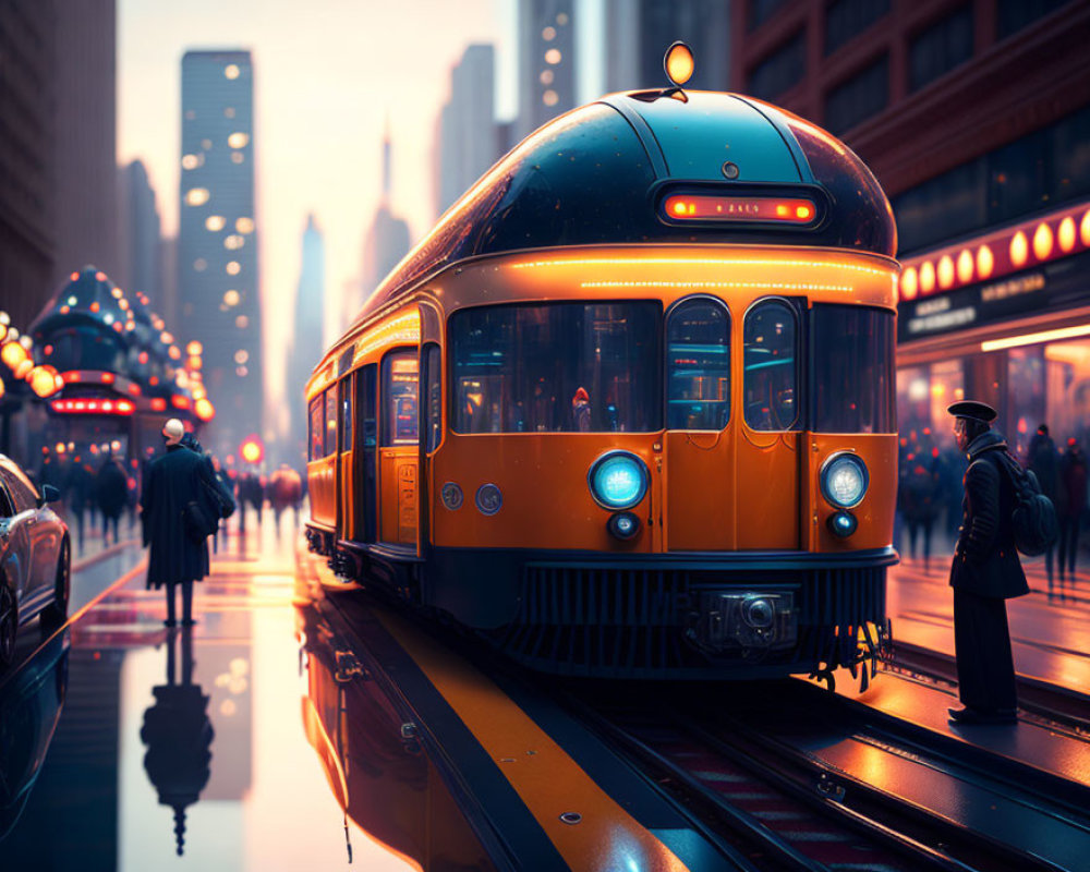 City street scene: Vintage tram, pedestrians, neon lights at dusk