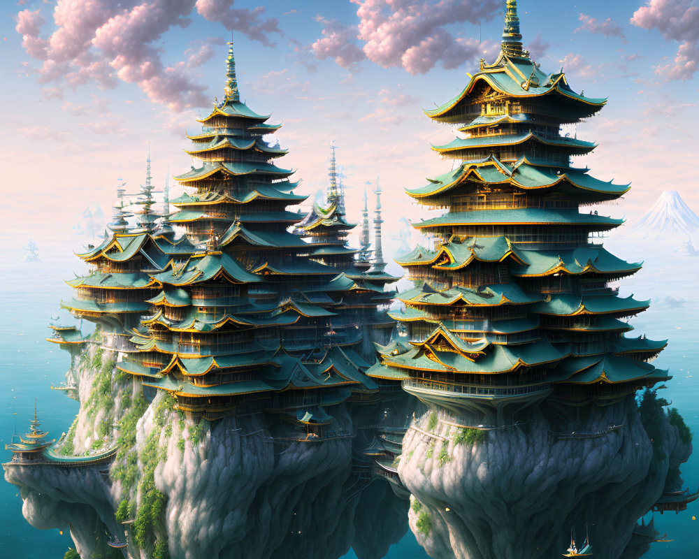 Majestic multi-tiered pagodas on floating islands under clear sky