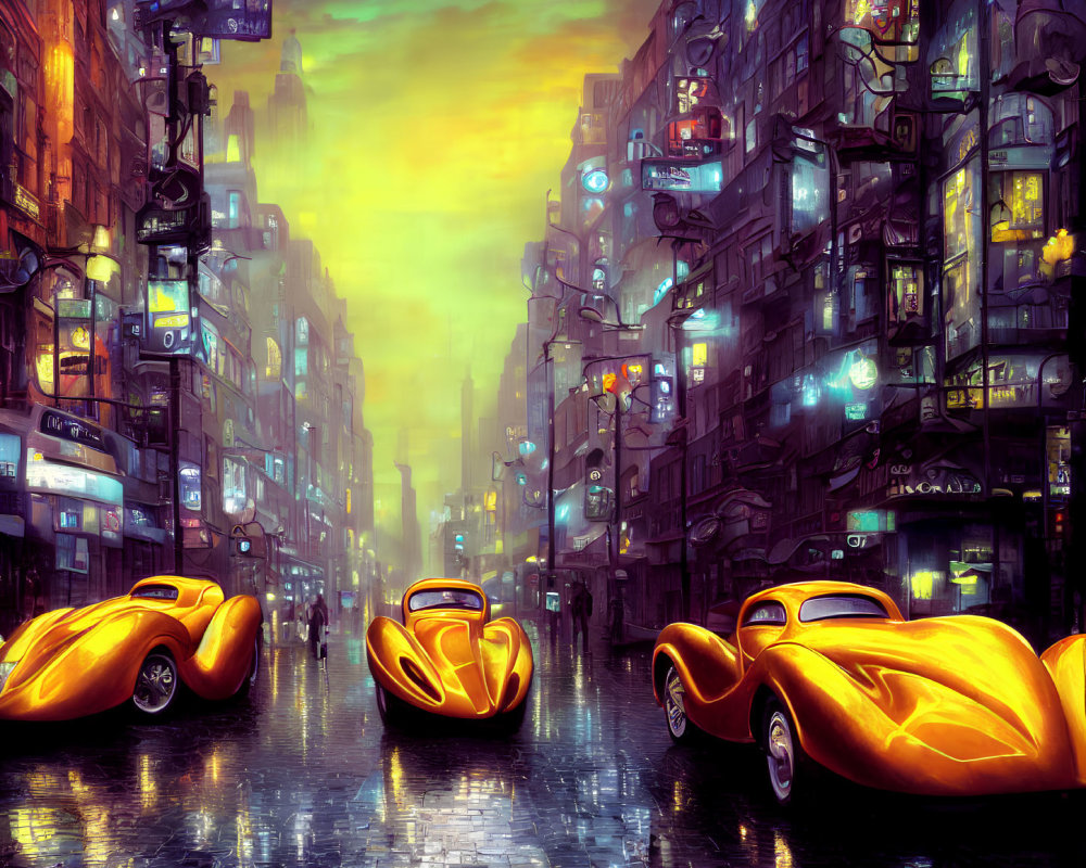 Futuristic city street at dusk with wet cobblestone, yellow concept cars, and neon signs