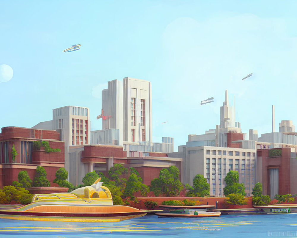 Futuristic cityscape with sleek buildings, flying vehicles, and river boats under clear sky