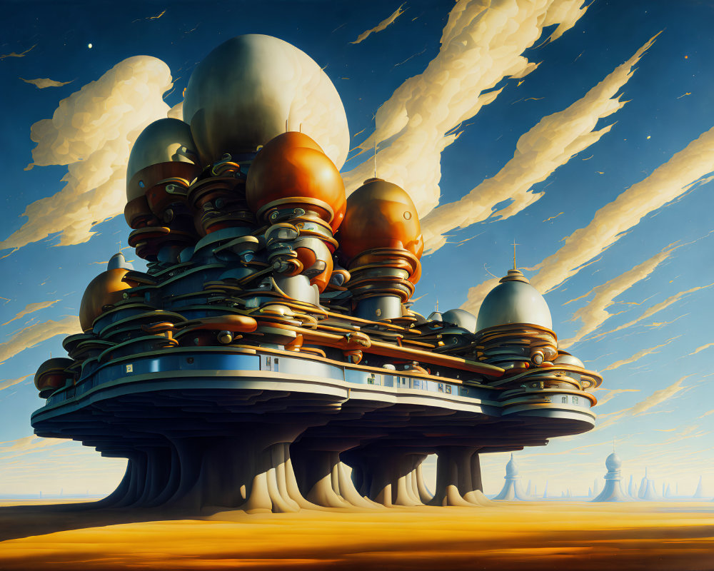 Futuristic cityscape with dome-like structures in desert setting