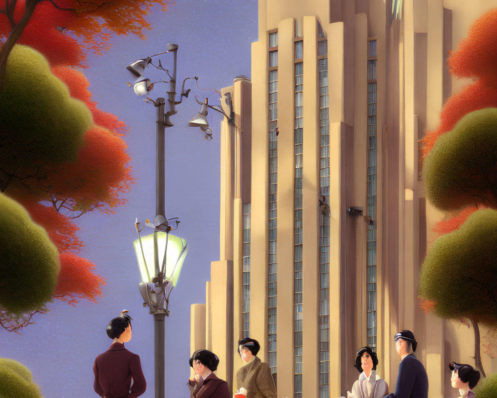 Illustrated outdoor dining scene by art deco building with autumn trees and lamppost under warm sky