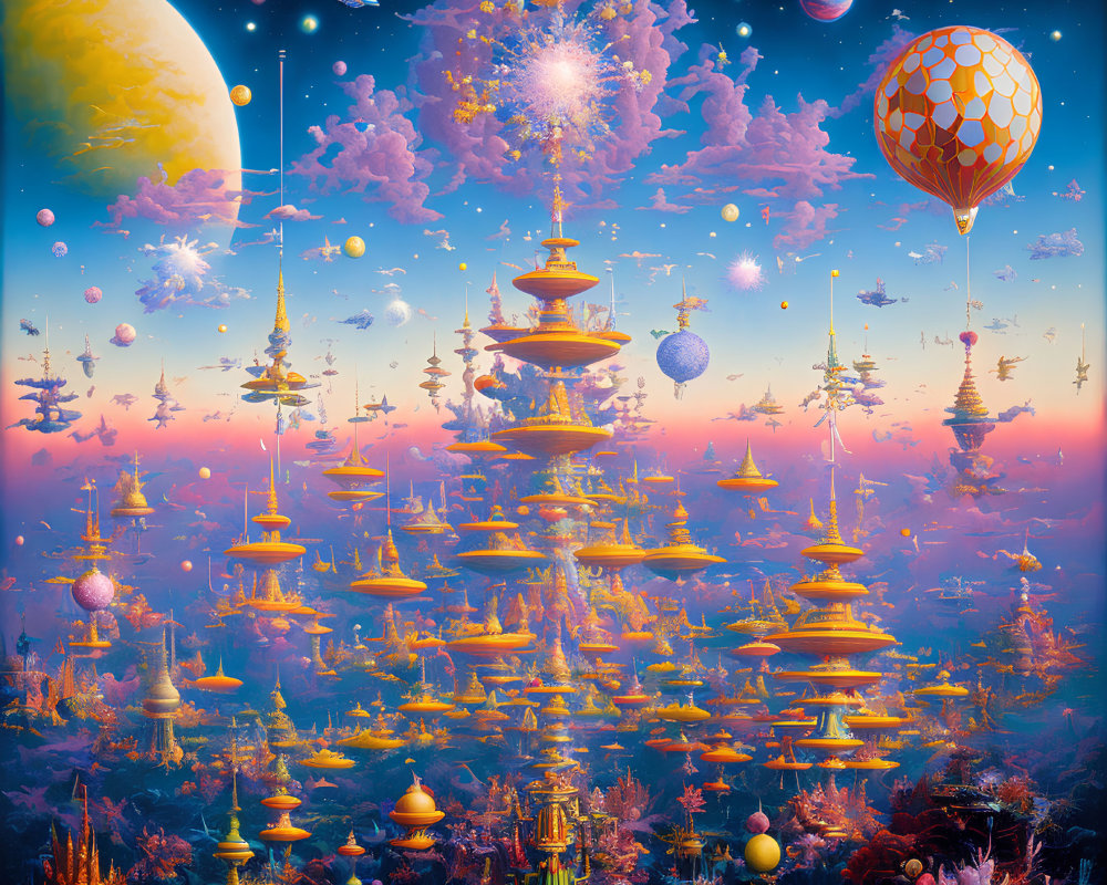 Colorful fantasy artwork with towers, hot air balloons, planets, moon