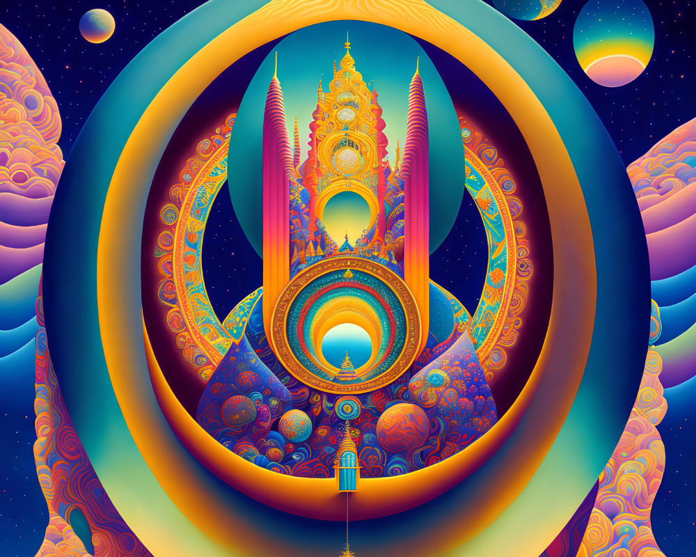 Colorful Psychedelic Circular Frame with Cosmic Elements and Glowing Portal