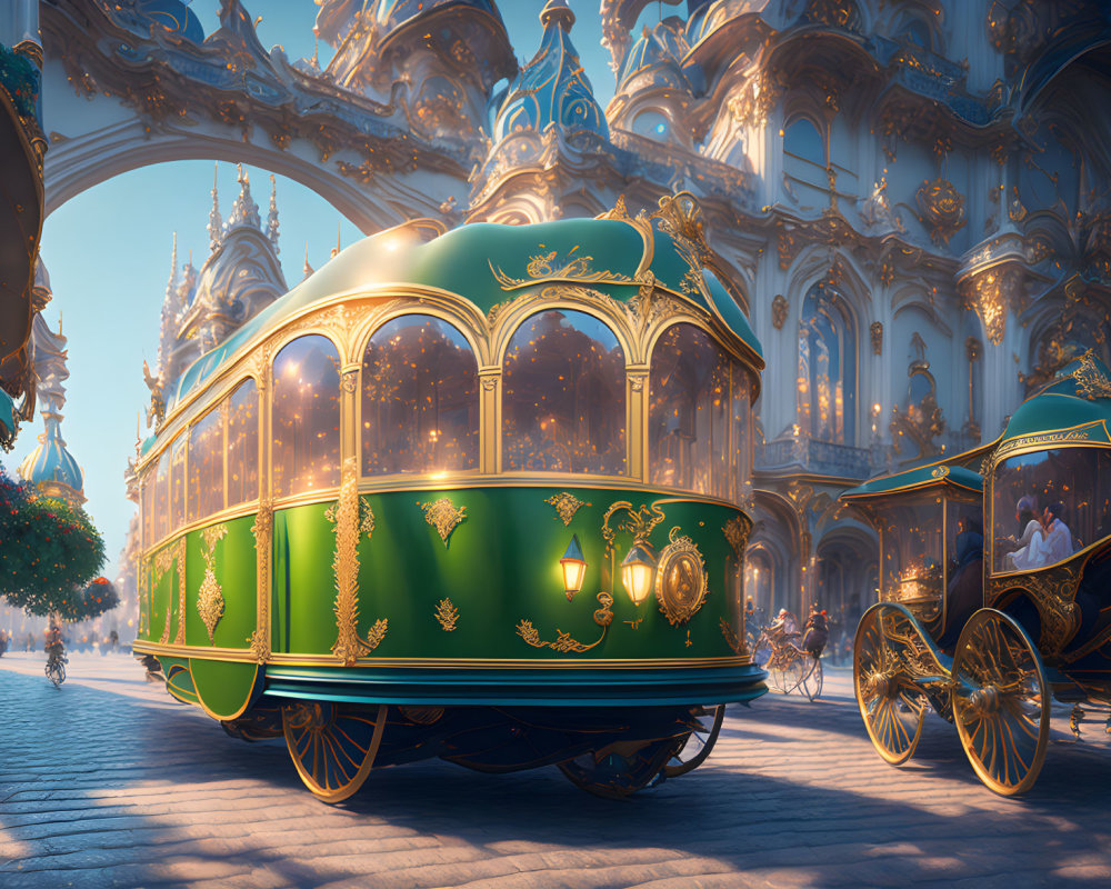 Green and Gold Carriage in Baroque Cityscape with Ornate Buildings