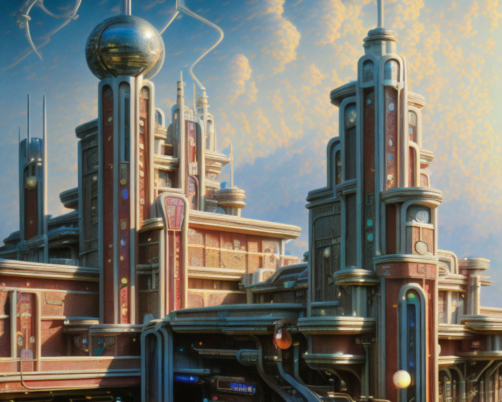 Futuristic sci-fi cityscape with ornate buildings and hovering sphere