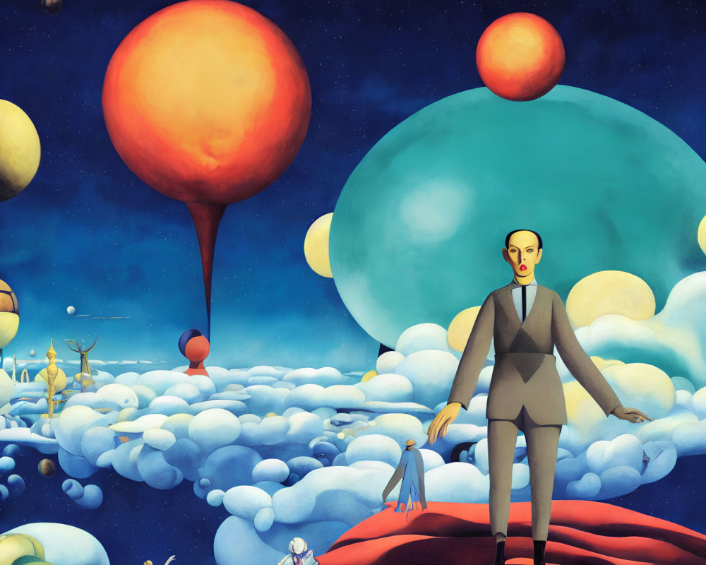 Surrealist landscape with oversized suit-clad figures on clouds and colorful planets in dream-like sky
