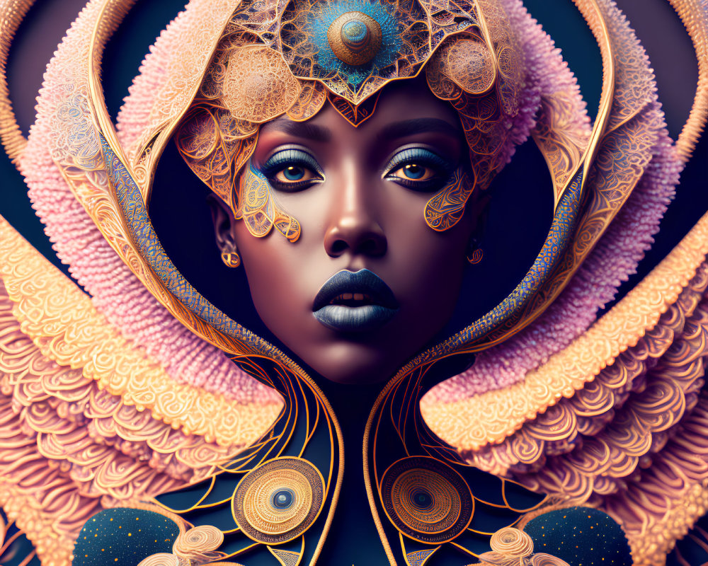 Digital artwork featuring woman with ornate golden headdress and feathered wings.