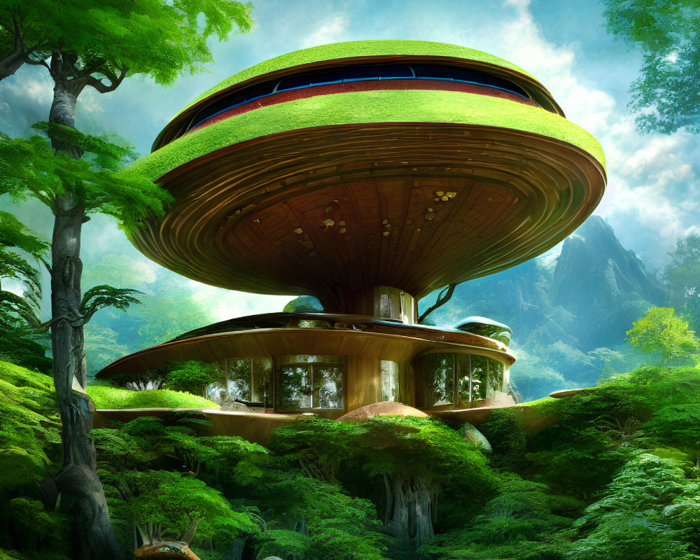 Saucer-like futuristic treehouse in lush forest