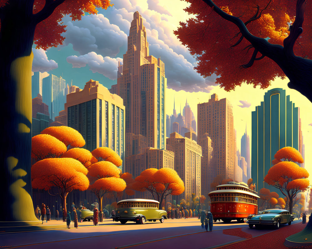 Autumn cityscape illustration with vintage cars, tram, people, orange trees, skyscrapers