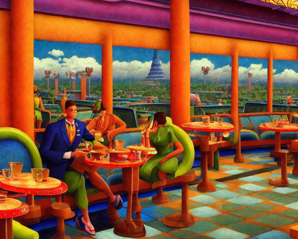 Colorful painting of people in ornate cafe with cityscape background & stained glass ceiling