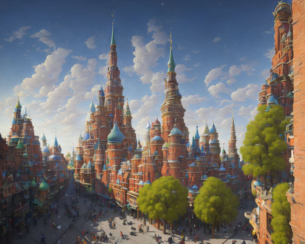 Fantastical cityscape with towering spires and onion domes under clear blue sky