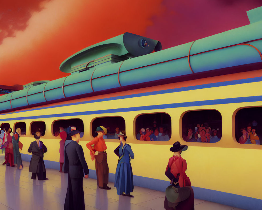 Vintage attire people at retro-futuristic train station with orange sky & streamline train.