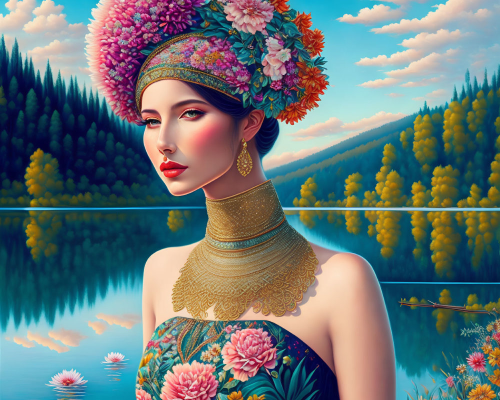 Portrait of Woman with Floral Headpiece and Golden Necklace by Lakeside
