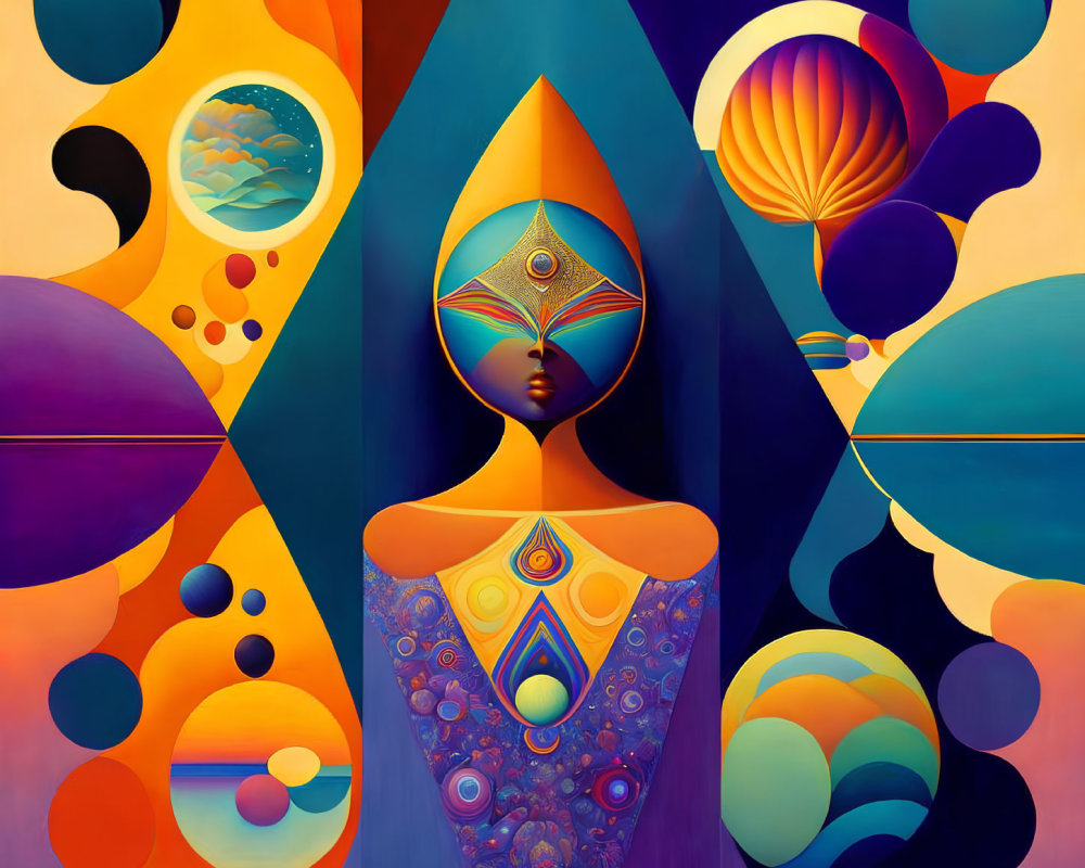 Colorful Abstract Artwork: Faceless Figure with Symmetrical Patterns