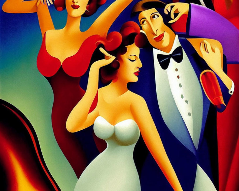 Colorful art deco style illustration of elegantly dressed people at a festive gathering