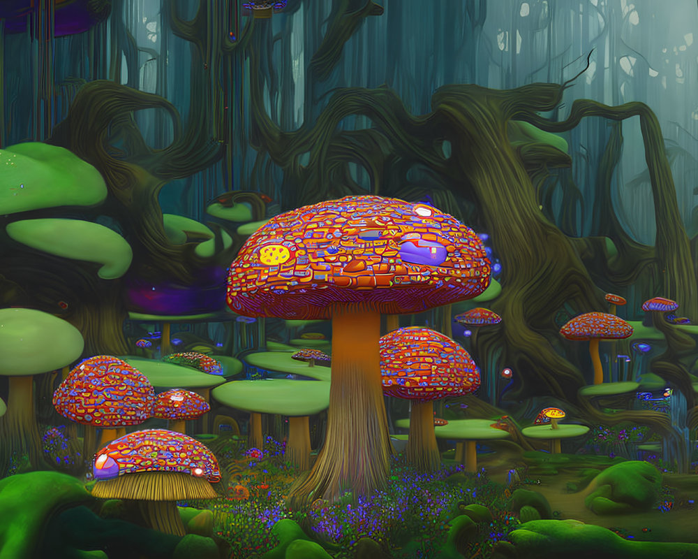 Vivid Digital Artwork of Enchanting Forest with Fantastical Mushrooms