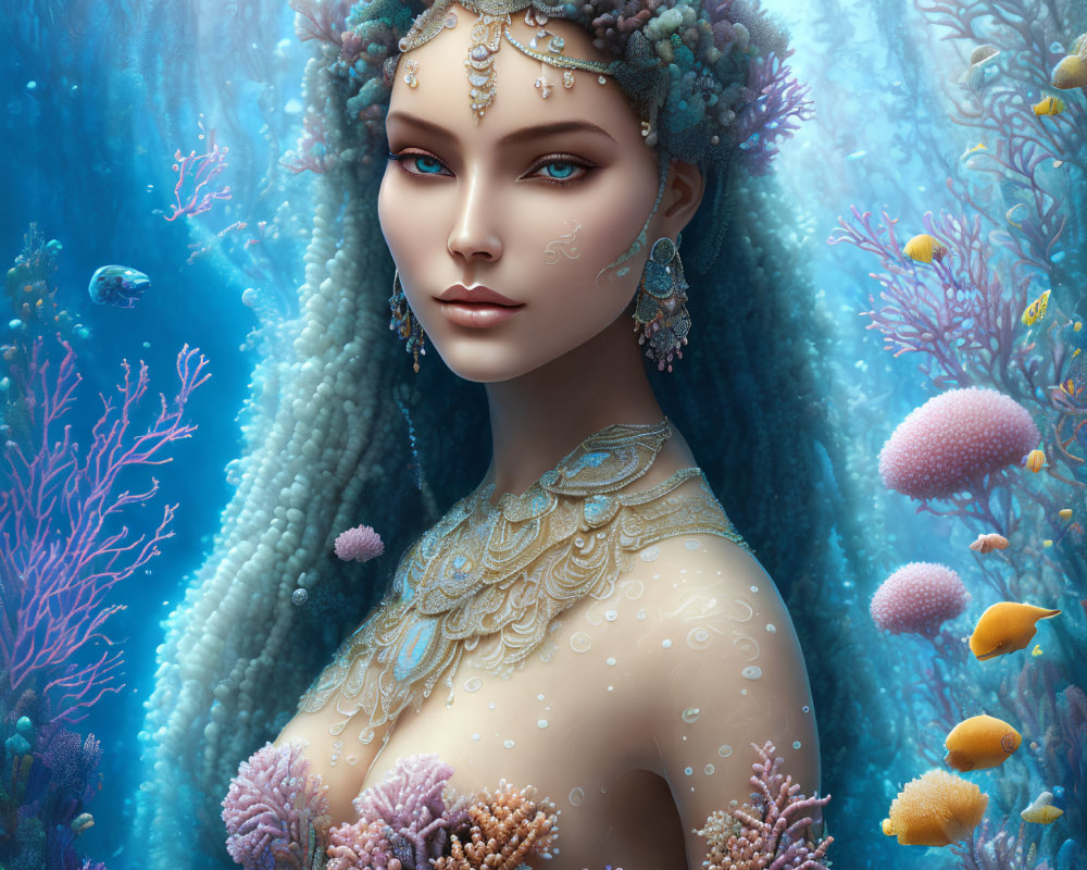 Ethereal underwater scene with elegant female figure and colorful coral & fish