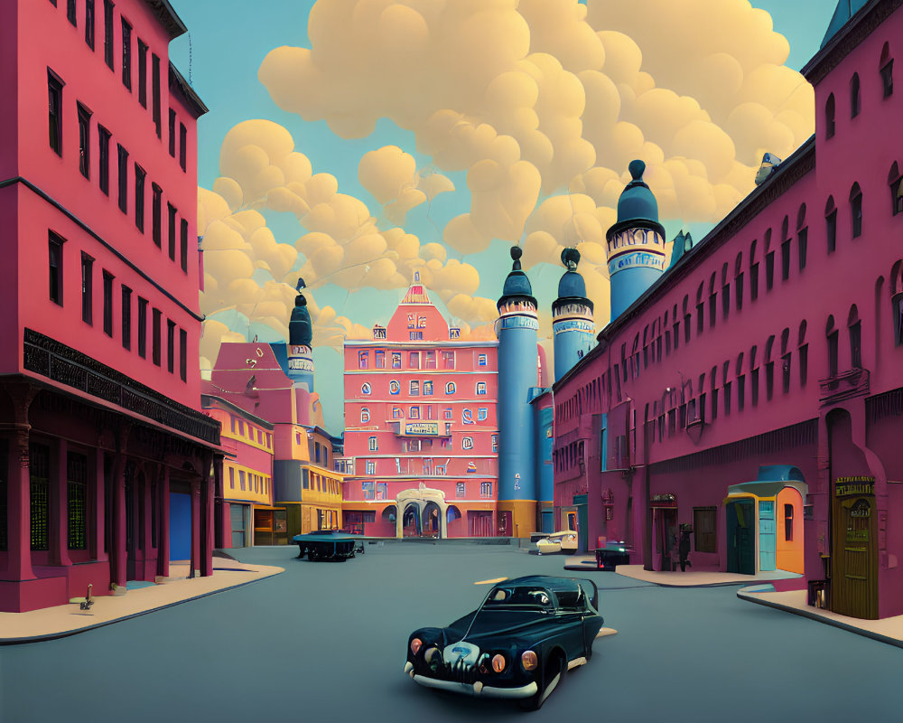 Whimsical Pastel Cityscape with Vintage Car and Cartoon Clouds