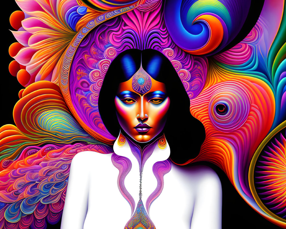 Colorful digital artwork of a woman with black hair in psychedelic swirl.