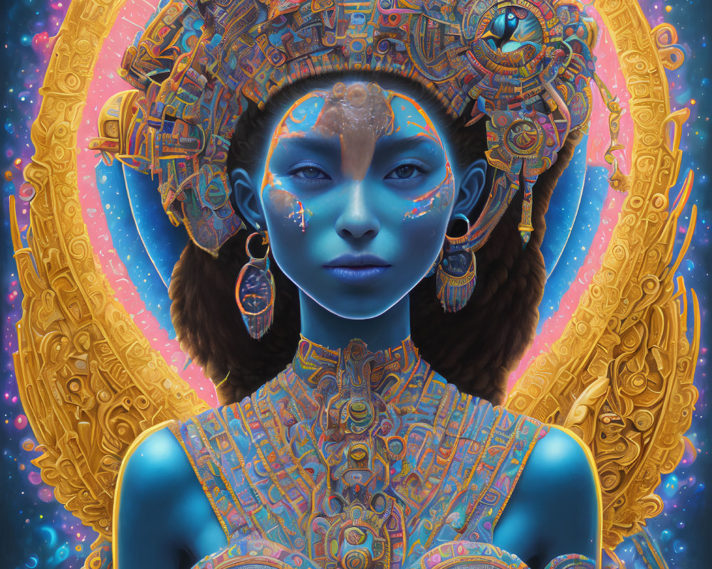 Surreal digital portrait of woman with blue skin and gold headdress