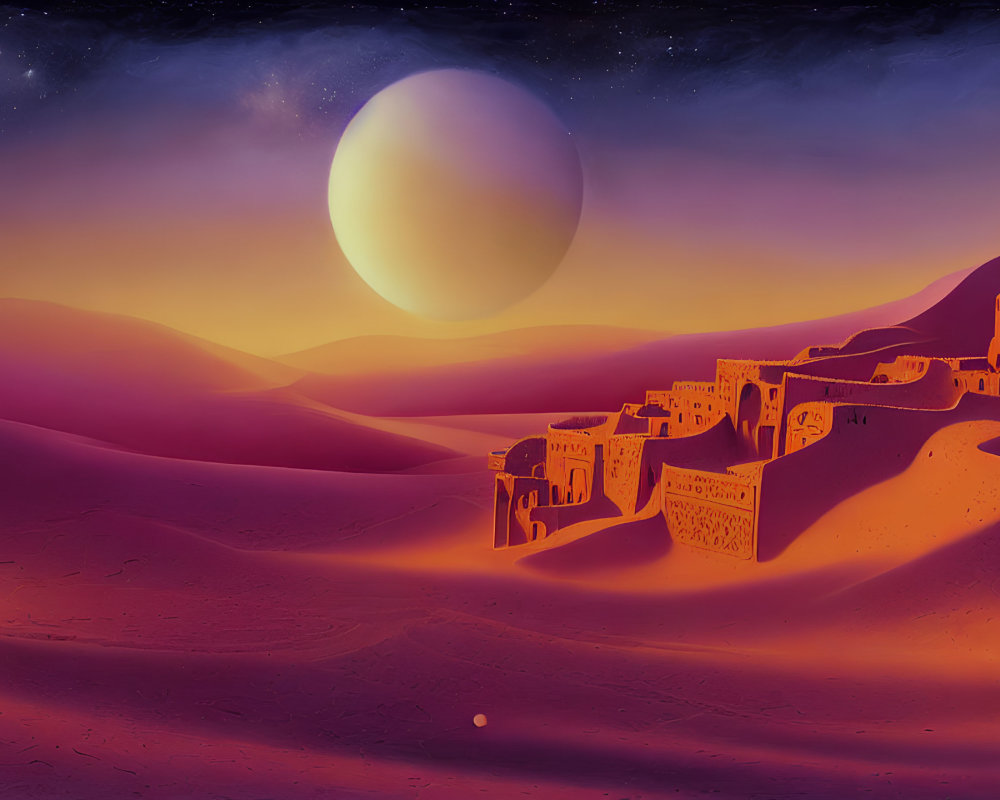 Solitary figure in desert twilight with sand dunes and ancient city