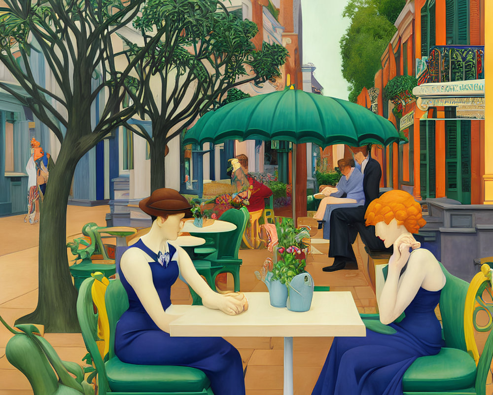 Colorful outdoor café scene with people and greenery