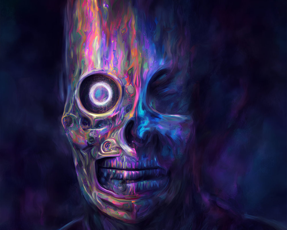 Colorful half-human, half-mechanical face in vivid digital artwork