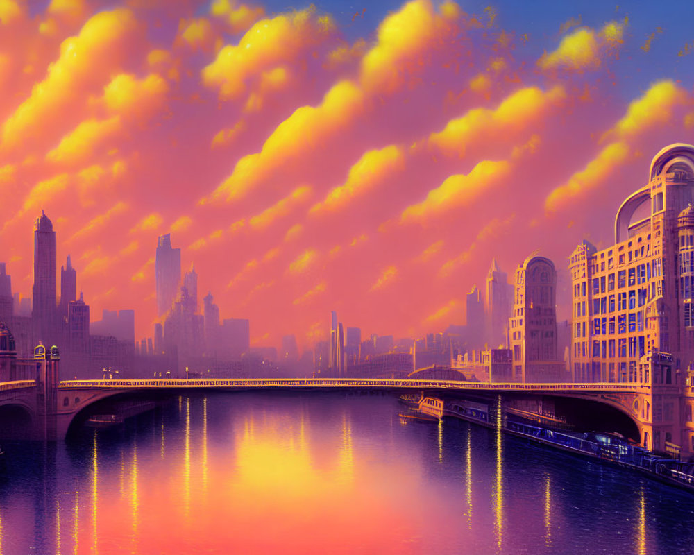 Vibrant pink and orange sunset cityscape with arched bridge & skyscrapers