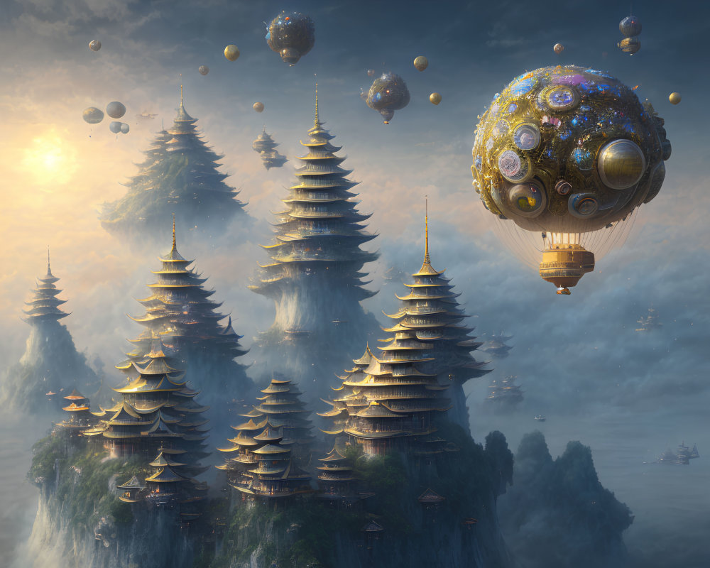 Fantasy landscape: Pagodas on misty peaks, hot air balloon with globe design, orbs