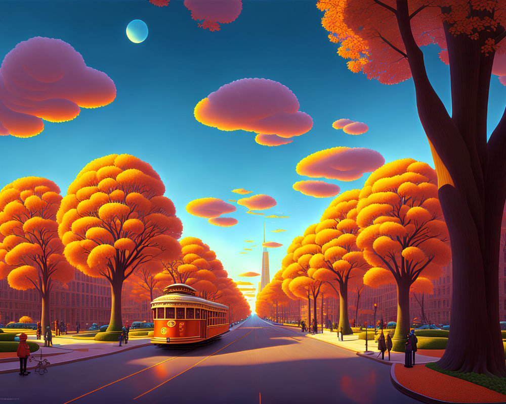 Orange Trees, Vintage Tram, Cyclist, and Moon in Vibrant Street Scene