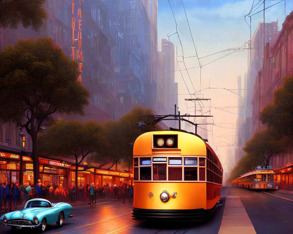 Vintage tram in bustling city street at dusk with neon signs and warm orange glow