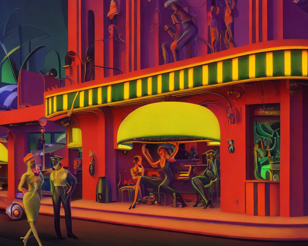 Colorful retro-futuristic diner scene with stylish patrons and sleek, organic forms