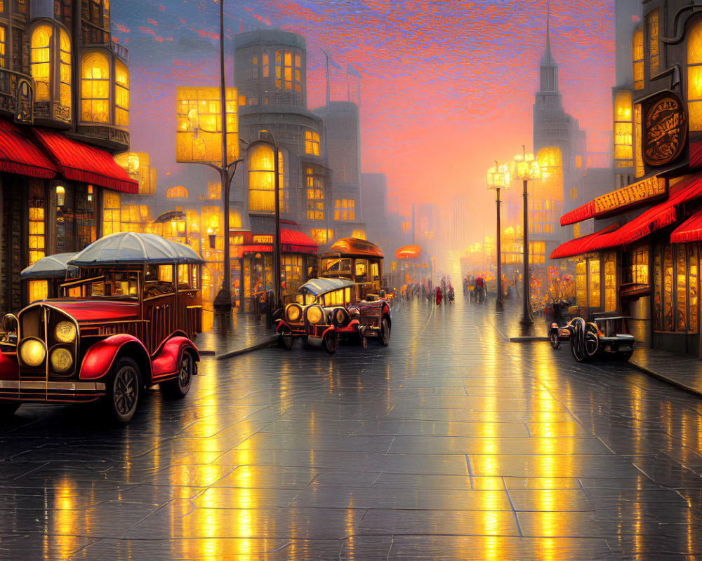 Retro-futuristic cityscape with vintage cars, neon signs, and pedestrians at dusk