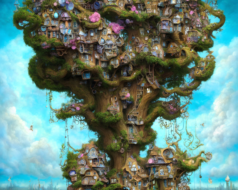 Gigantic whimsical tree with fantastical houses and bridges under vibrant blue sky